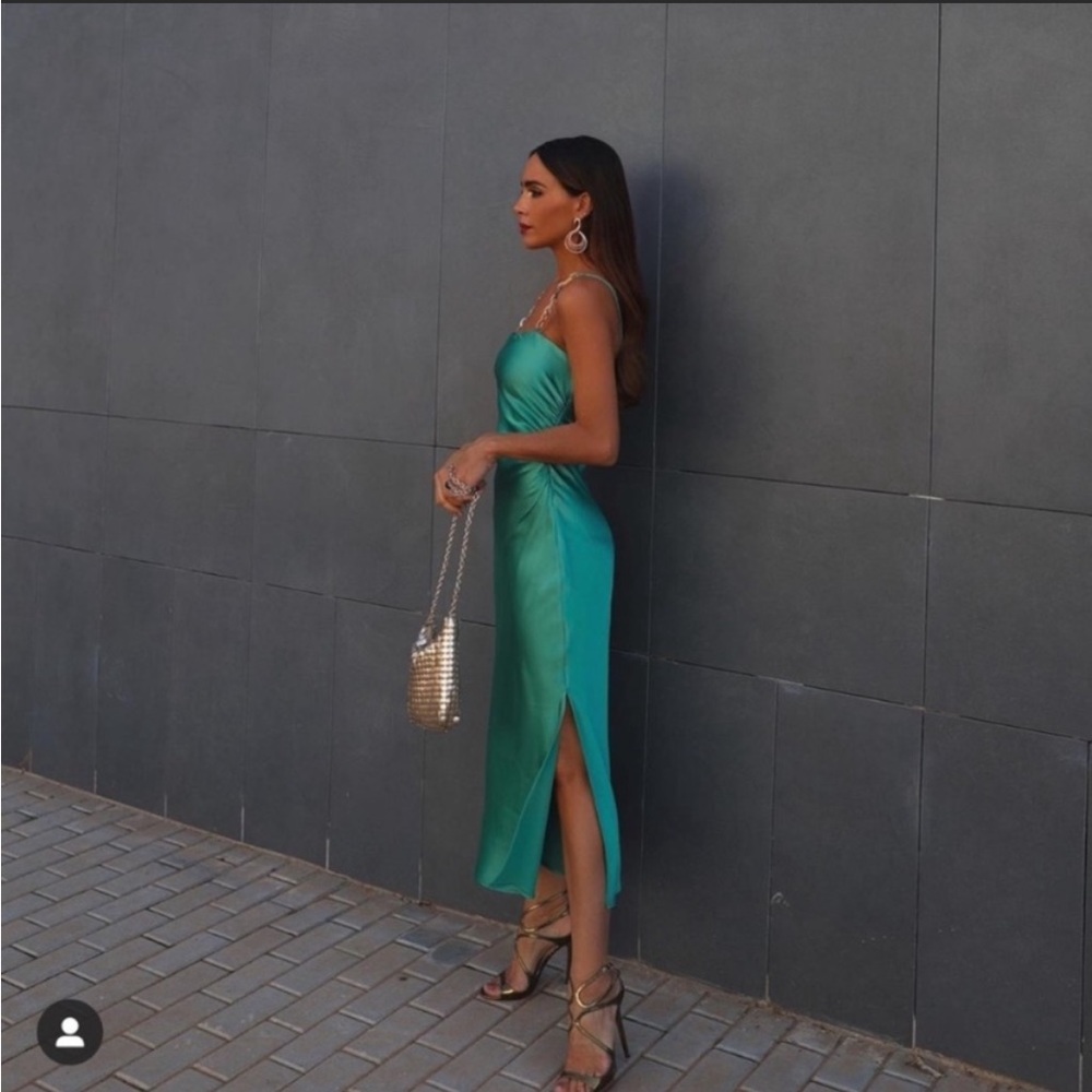 Zara Satin Sea Green Midi Dress with Beaded Straps